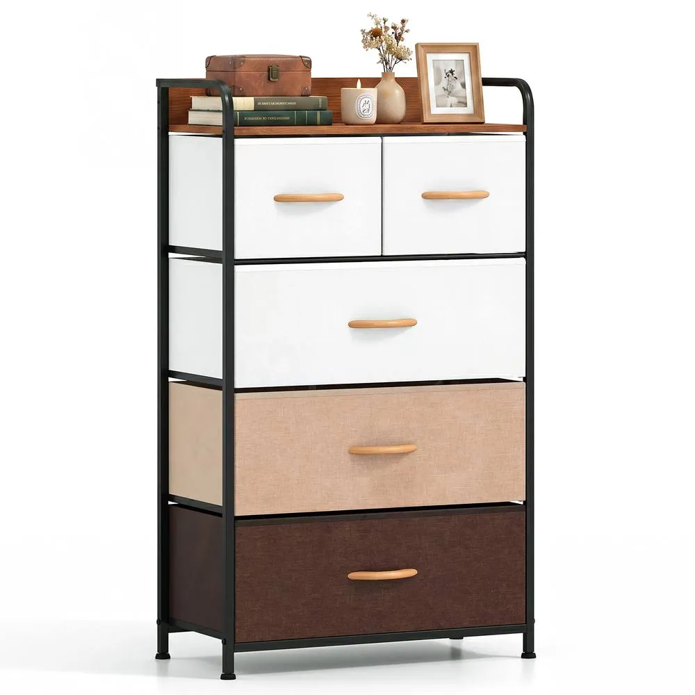 Costway 5-Drawer Fabric Dresser Tall Narrow Storage Tower Organizer With Metal Frame in Brown 4