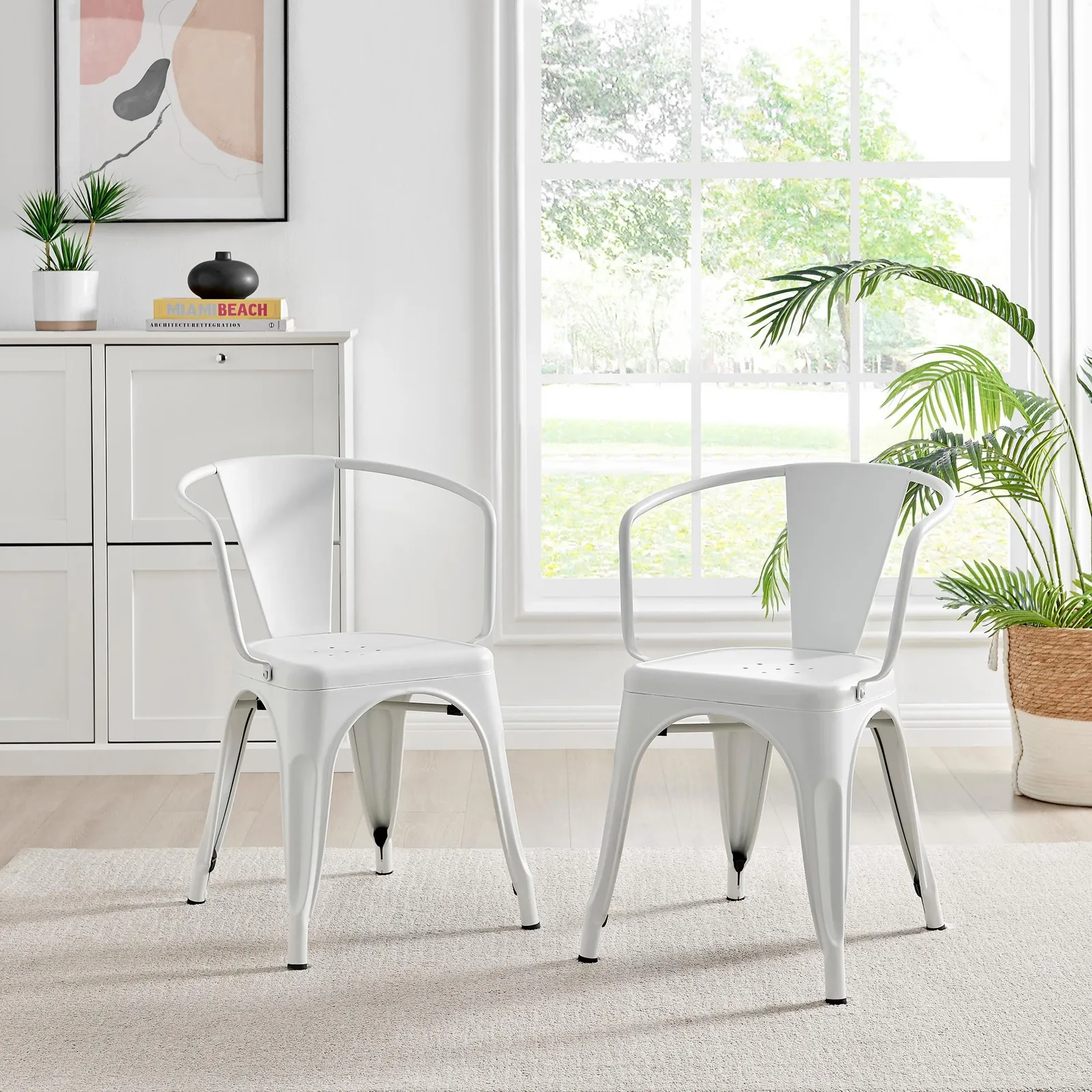 FurnitureboxUK Set of 2 Colton Industrial Steel Stackable Tolix Style Dining Chairs with Arms in White 2