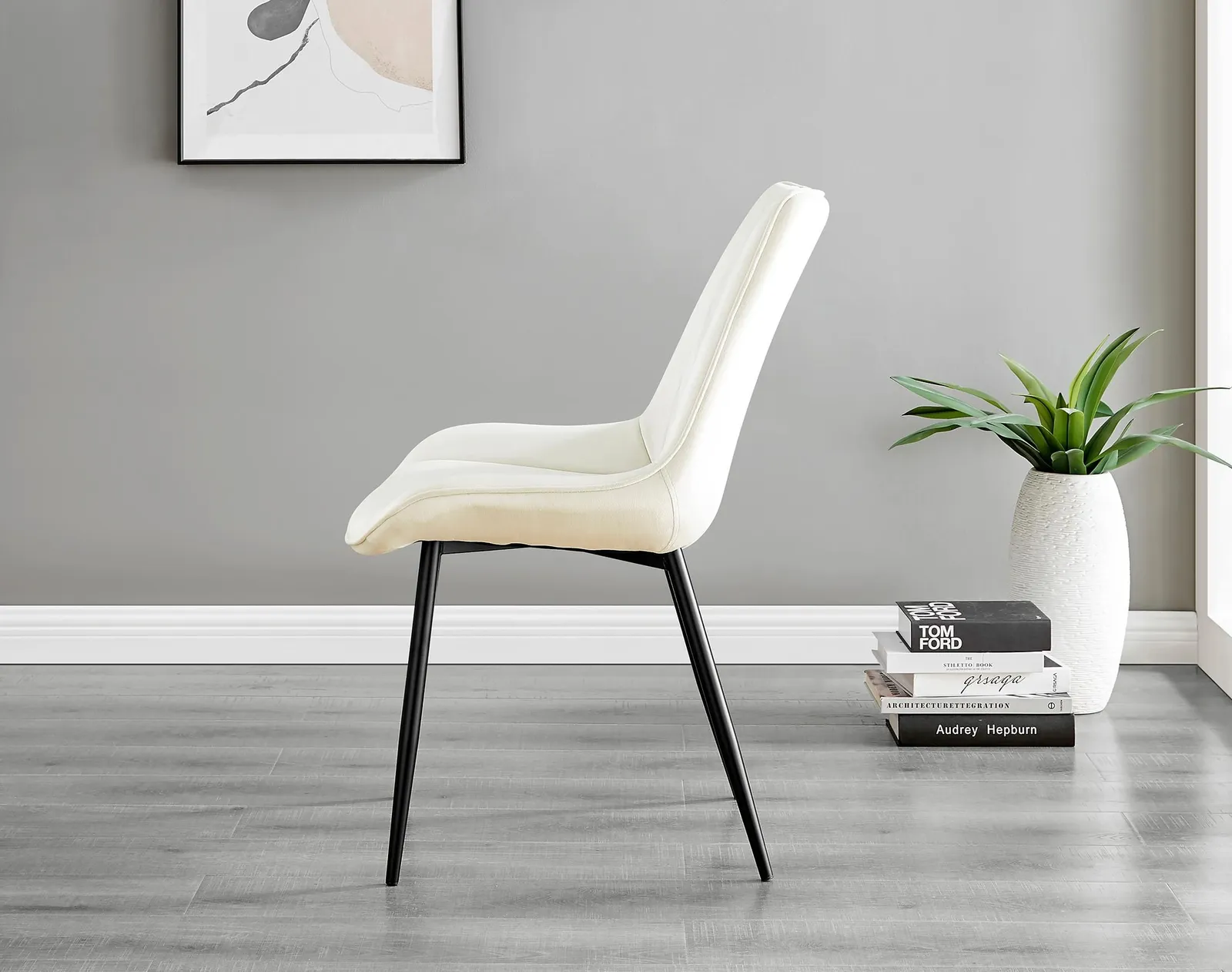 FurnitureboxUK Set of 2 Pesaro Luxury Velvet Dining Chairs With Diamond Stitched Back & Black Metal Legs in Cream 4