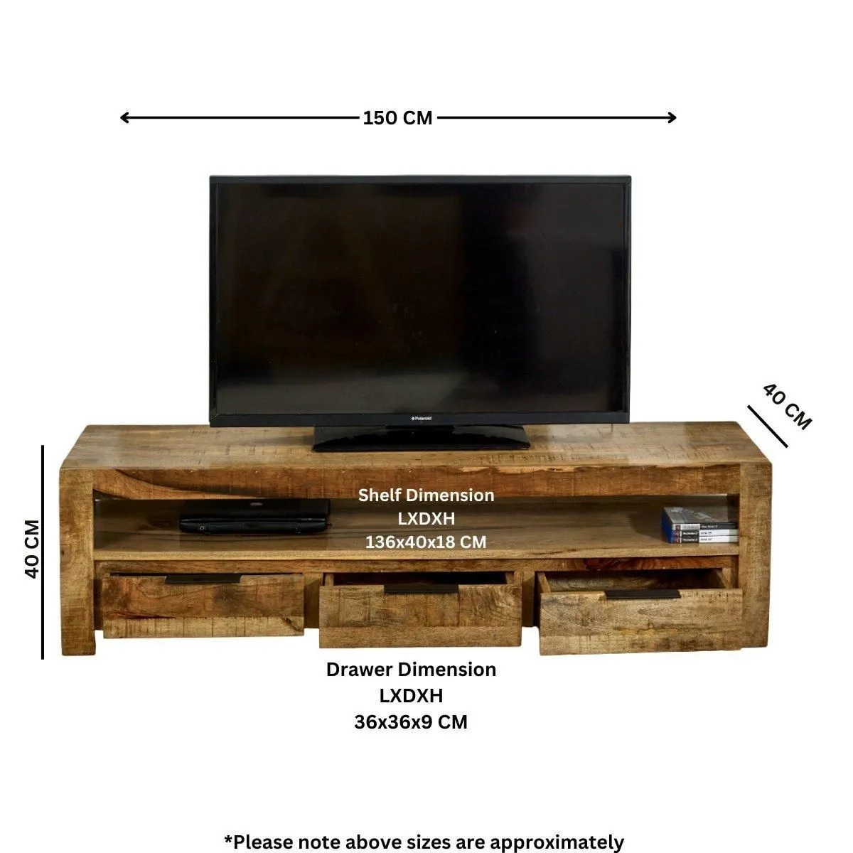 IH Design Bratton Mango Wooden Large TV Stand With 3 Drawers in Brown 6