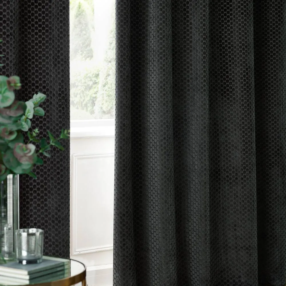 Paoletti Neptune Fully Lined Velvet Eyelet Curtain Pair in Charcoal 5