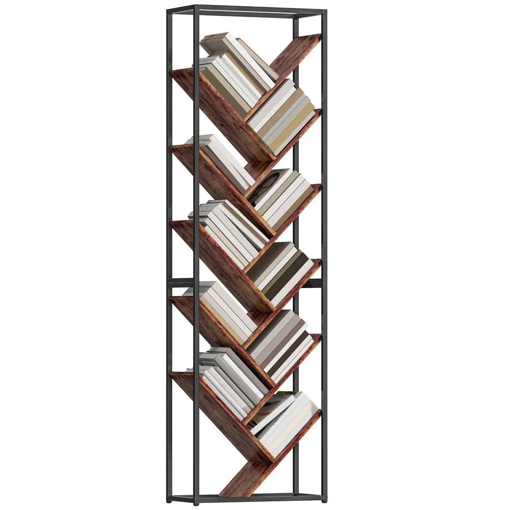 HOMCOM 10 Tier Tree Bookshelf Industrial Tall Bookcase Rustic Brown Black 2
