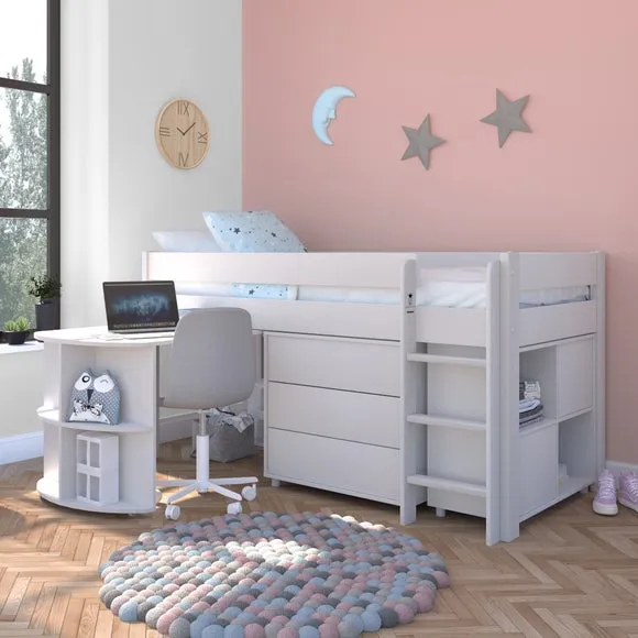 Uno Midsleeper With Pull Out Desk Chest of Drawers and Cube Unit Pine