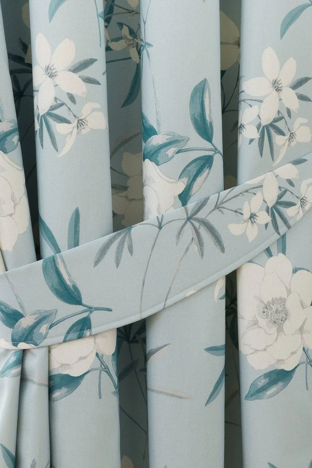 Dreams & Drapes 'Eve' 100% Cotton Floral Pair of Pencil Pleat Curtains With Tie-Backs in Duck Egg Blue 5