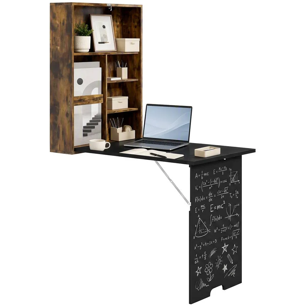 HOMCOM Folding Wall-Mounted Drop-Leaf Table Chalkboard Shelf Rustic Brown