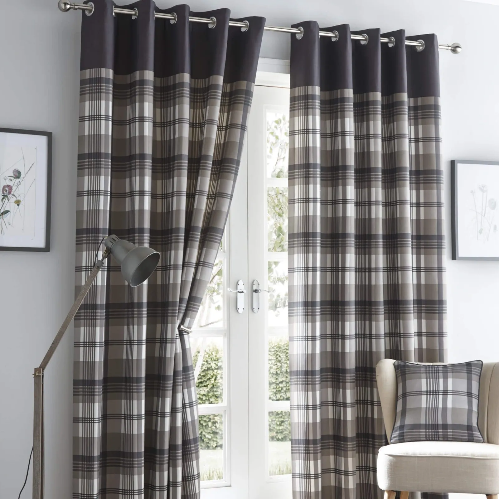 Portfolio Home Orleans Tartan Check Striped Fully Lined Eyelet Curtains 2 Panel Pair in Grey