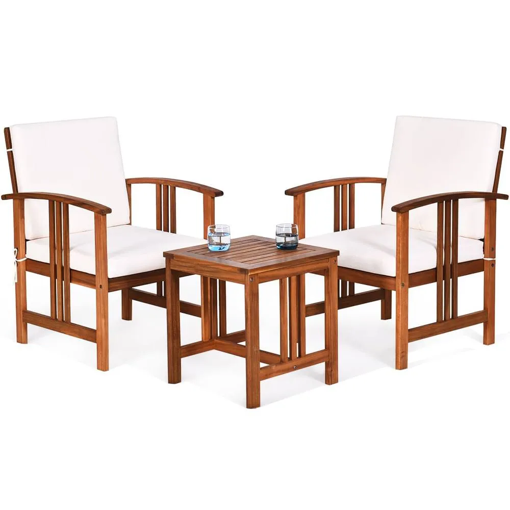 Costway 3-Piece Outdoor Acacia Wood Sofa Set with Cushions-White in White
