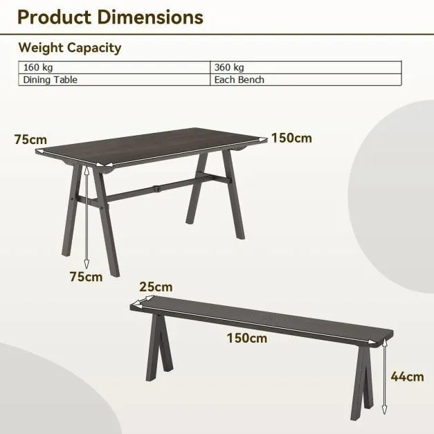 Costway 3Pcs Outdoor Picnic Table & Benches Set w/ 49MM Umbrella Hole in Brown 3