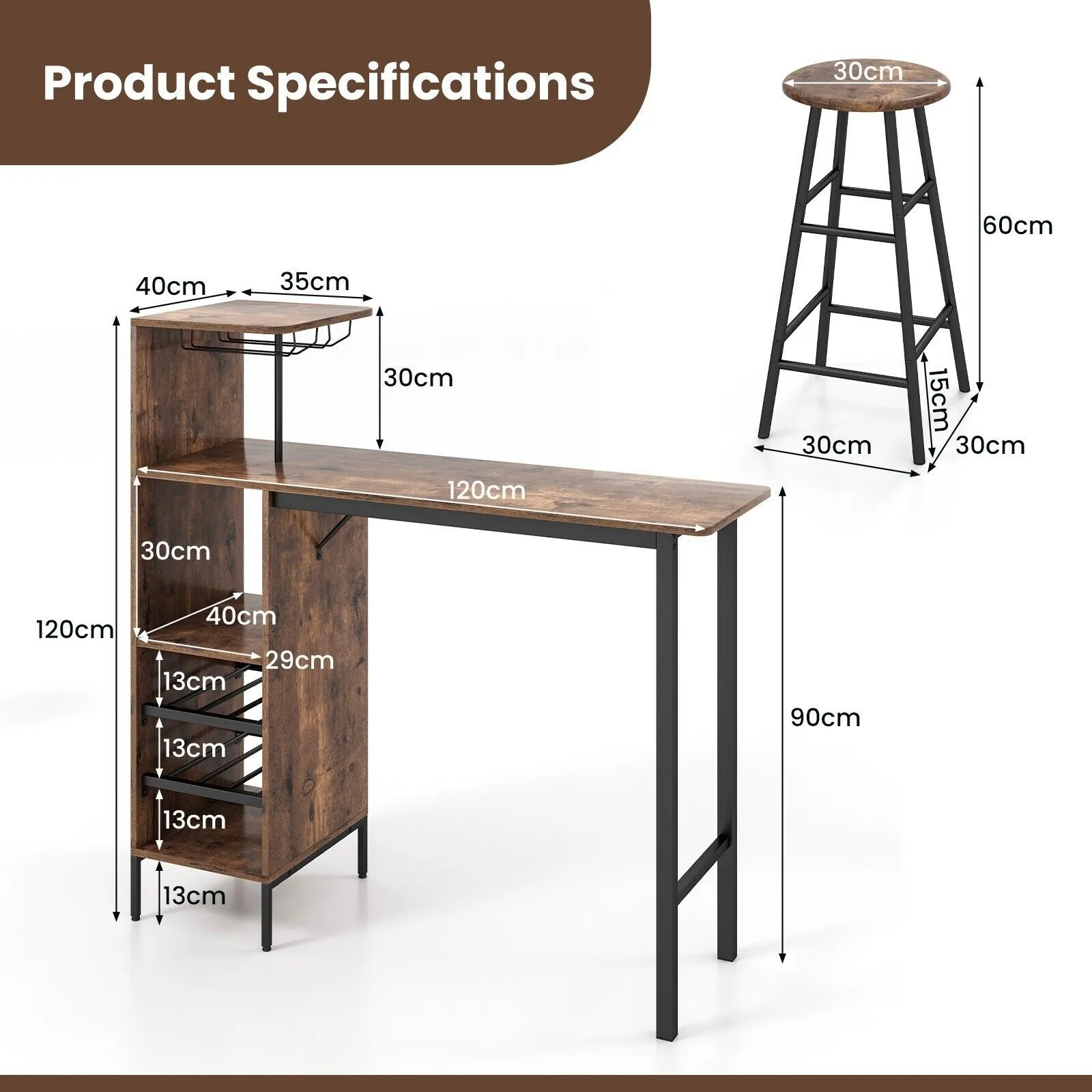 Costway 3PCS Bar Table Chair Set Industrial Dining Table Stools w/ Glass Holders & Wine Racks in Brown 2