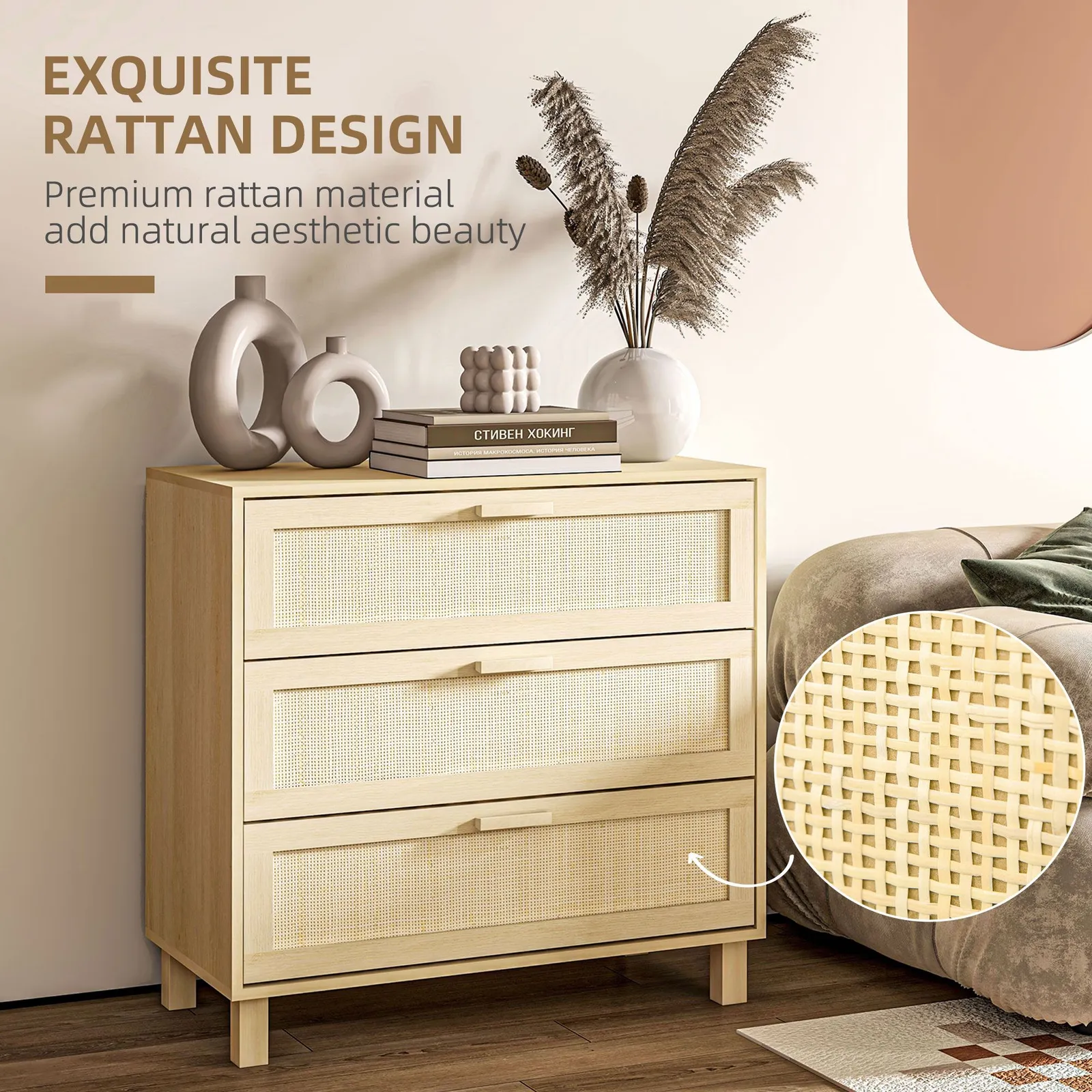 HOMCOM 3 Drawer Cabinet Storage Cupboard Sideboard Organiser in Light Brown 4
