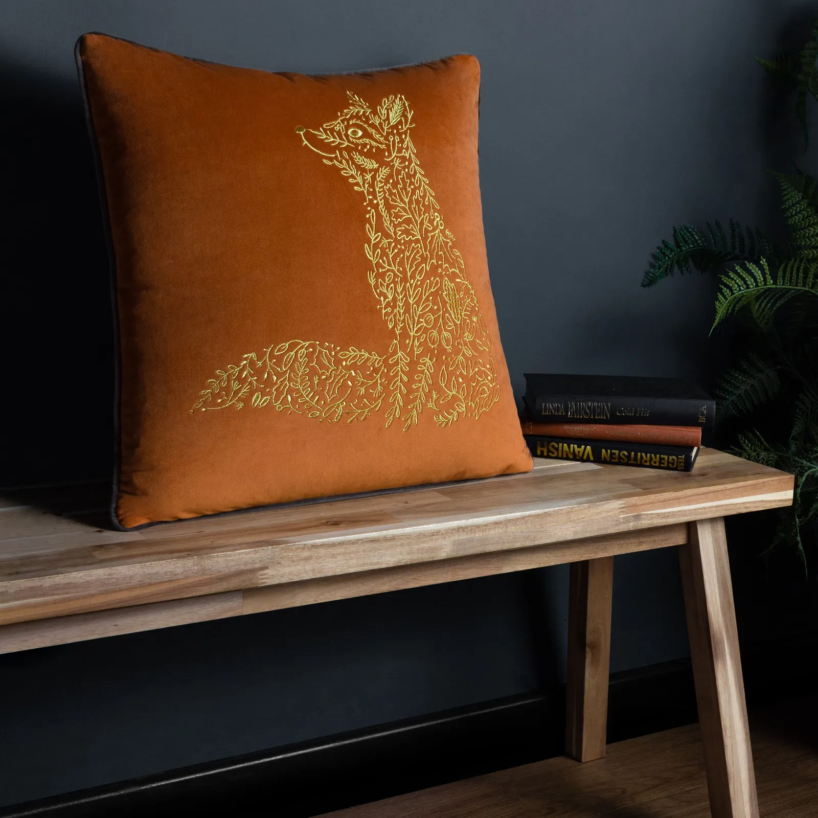 Furn Forest Fauna Embroidered Woodland Fox Piped Cushion in Orange