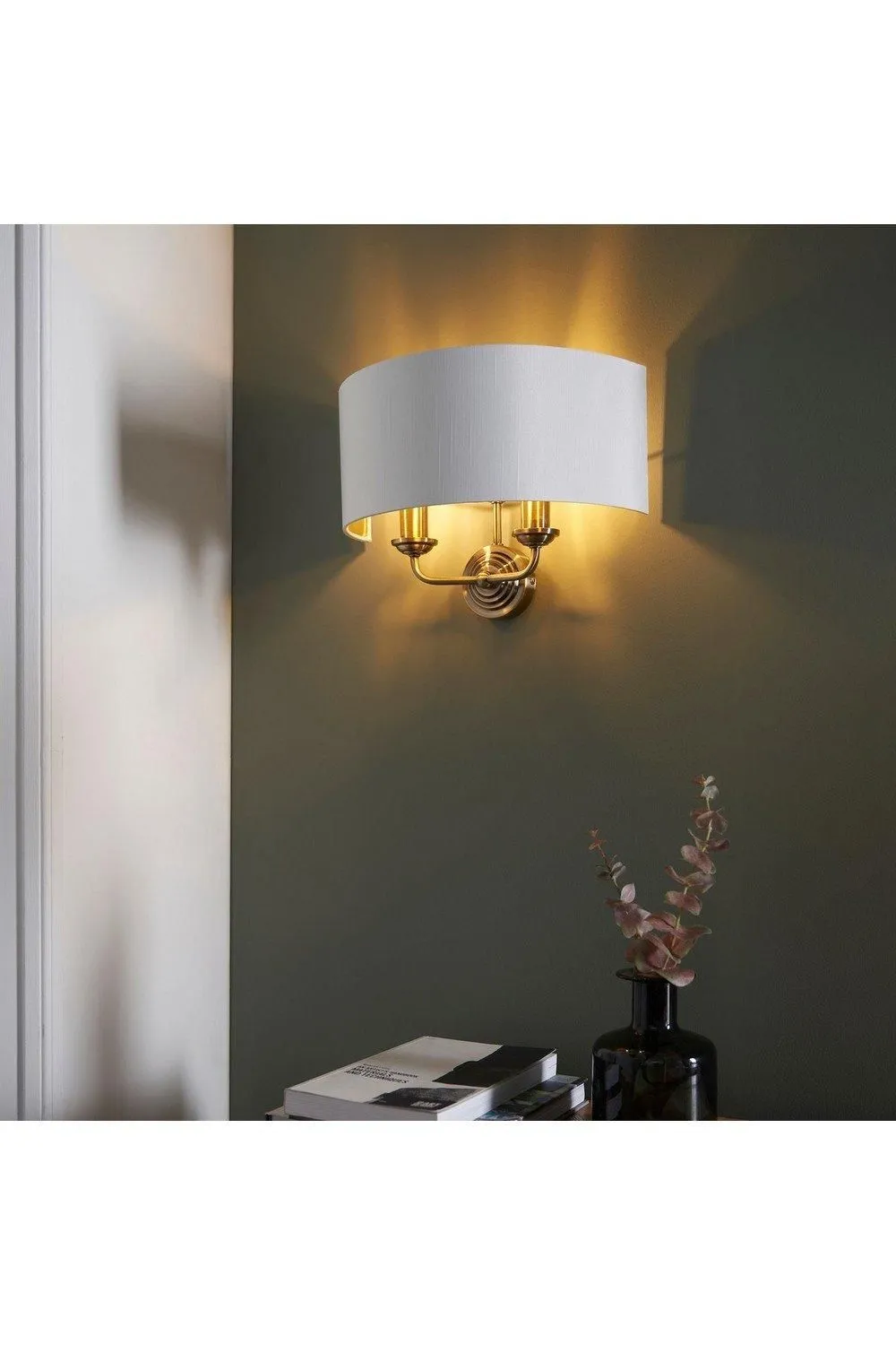 Netlighting Highclere Shade Wall Lamp Antique Brass Plate Vintage White Fabric in Gold 5
