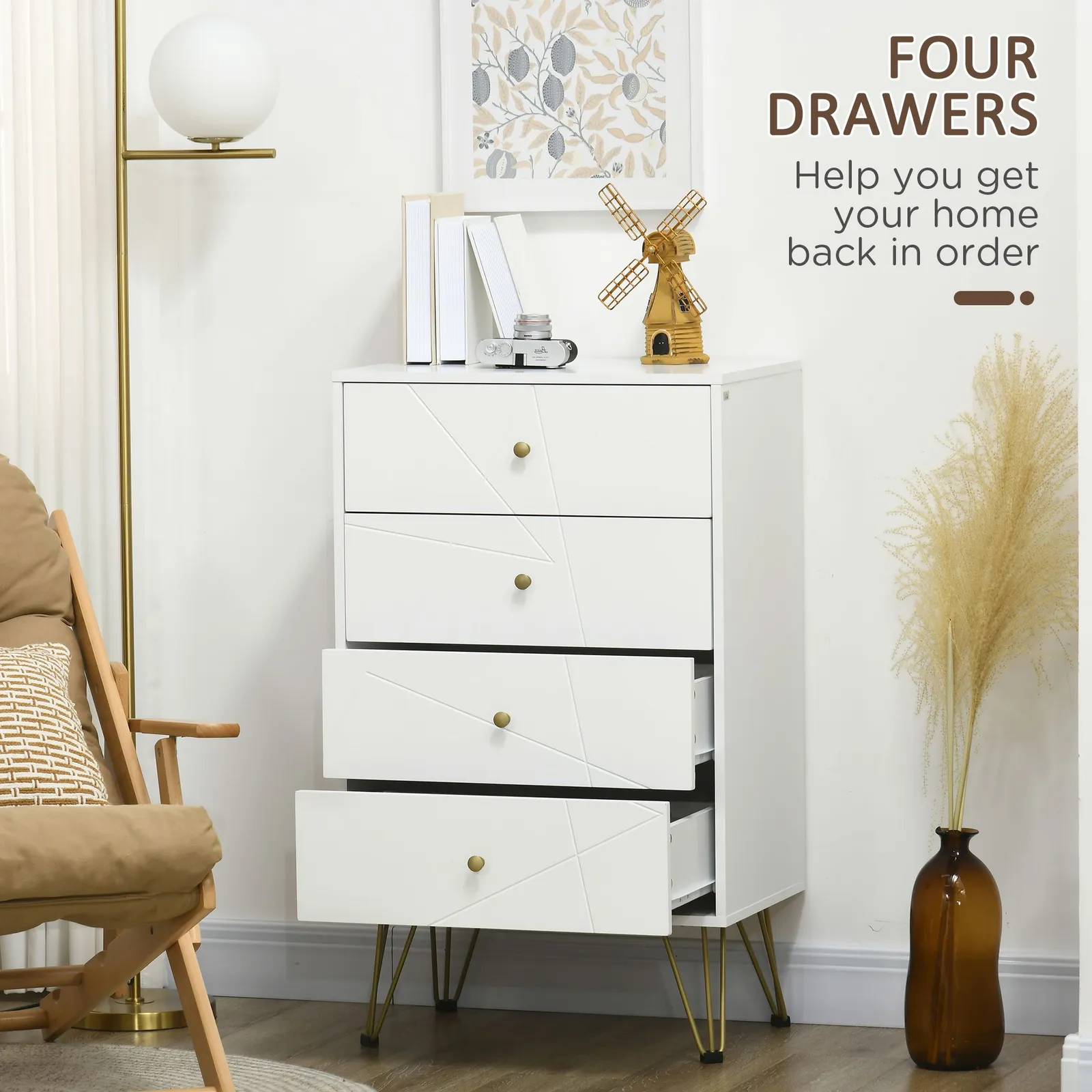 HOMCOM Modern Chest of Drawers 4 Drawers Dresser with Hairpin Legs in White 4