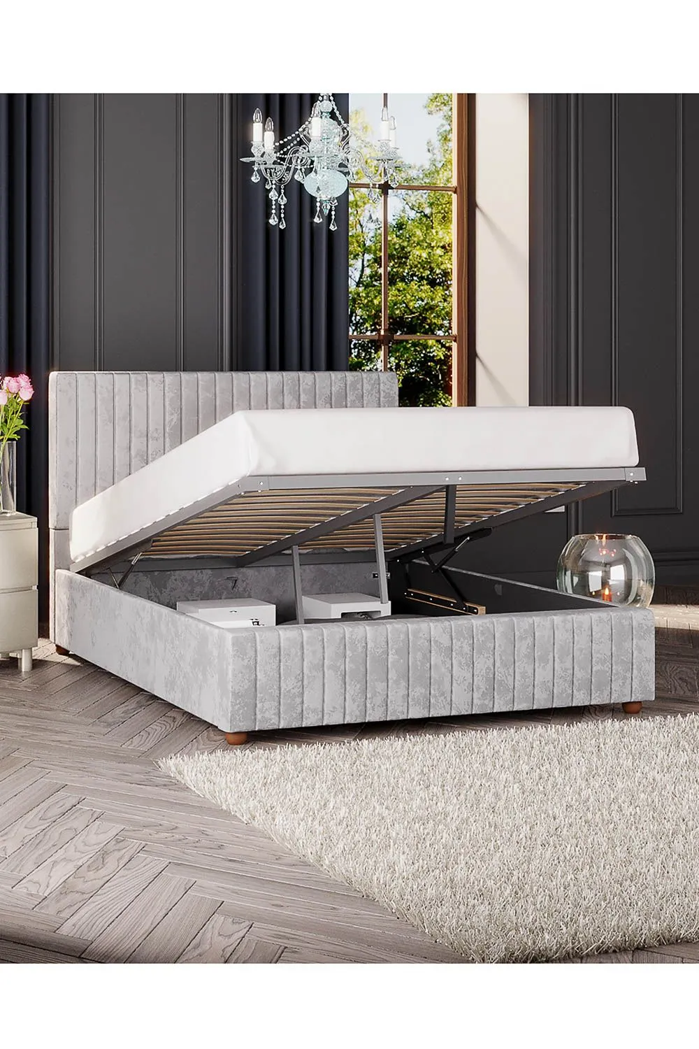 Laurence Llewelyn-Bowen Estella Ottoman Storage Bed in Mirazzi Velvet Fabric, Custom Made in Silver 3
