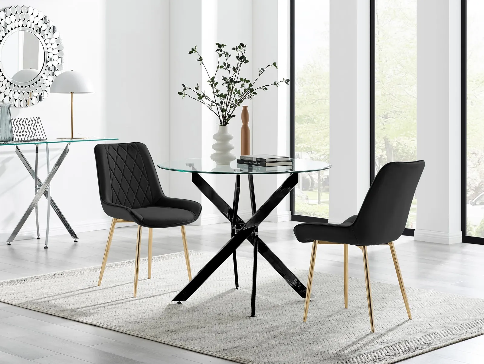 FurnitureboxUK Novara 100cm Round Black Leg Dining Table & 2 Pesaro Gold Leg Chairs 1