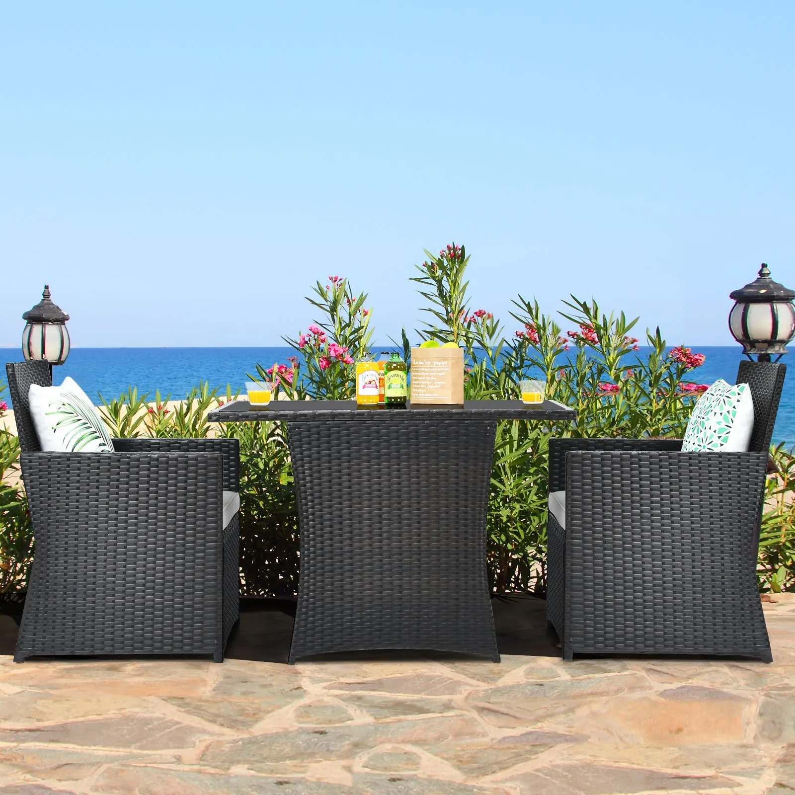 Costway 3 Pcs Patio PE Wicker Set w/ Coffee Table Garden Furniture Set in White 3