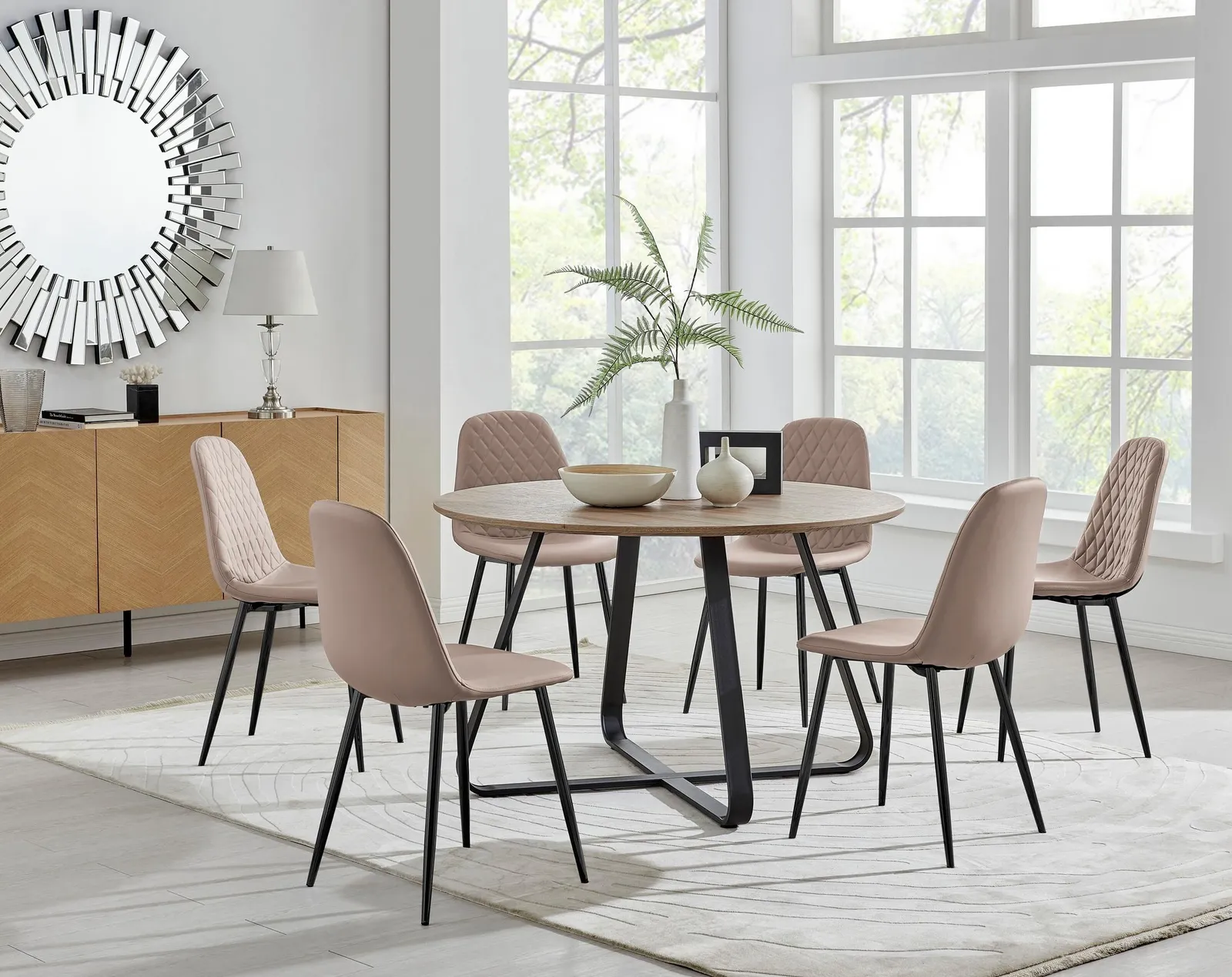 FurnitureboxUK Santorini Brown Round Dining Table & 6 Corona Black Leg Chairs in Beige 1