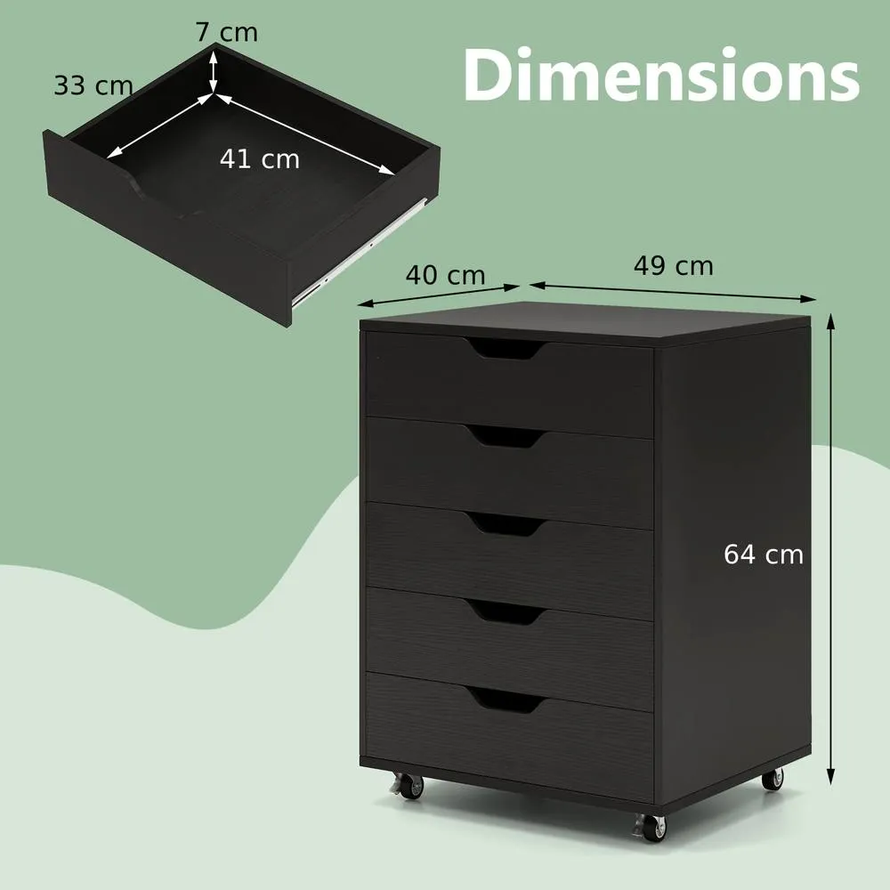 Costway 5 Drawer Rolling Storage Cabinet Mobile Chest of Drawers Wooden Dresser Organizer Coffee in Black 2