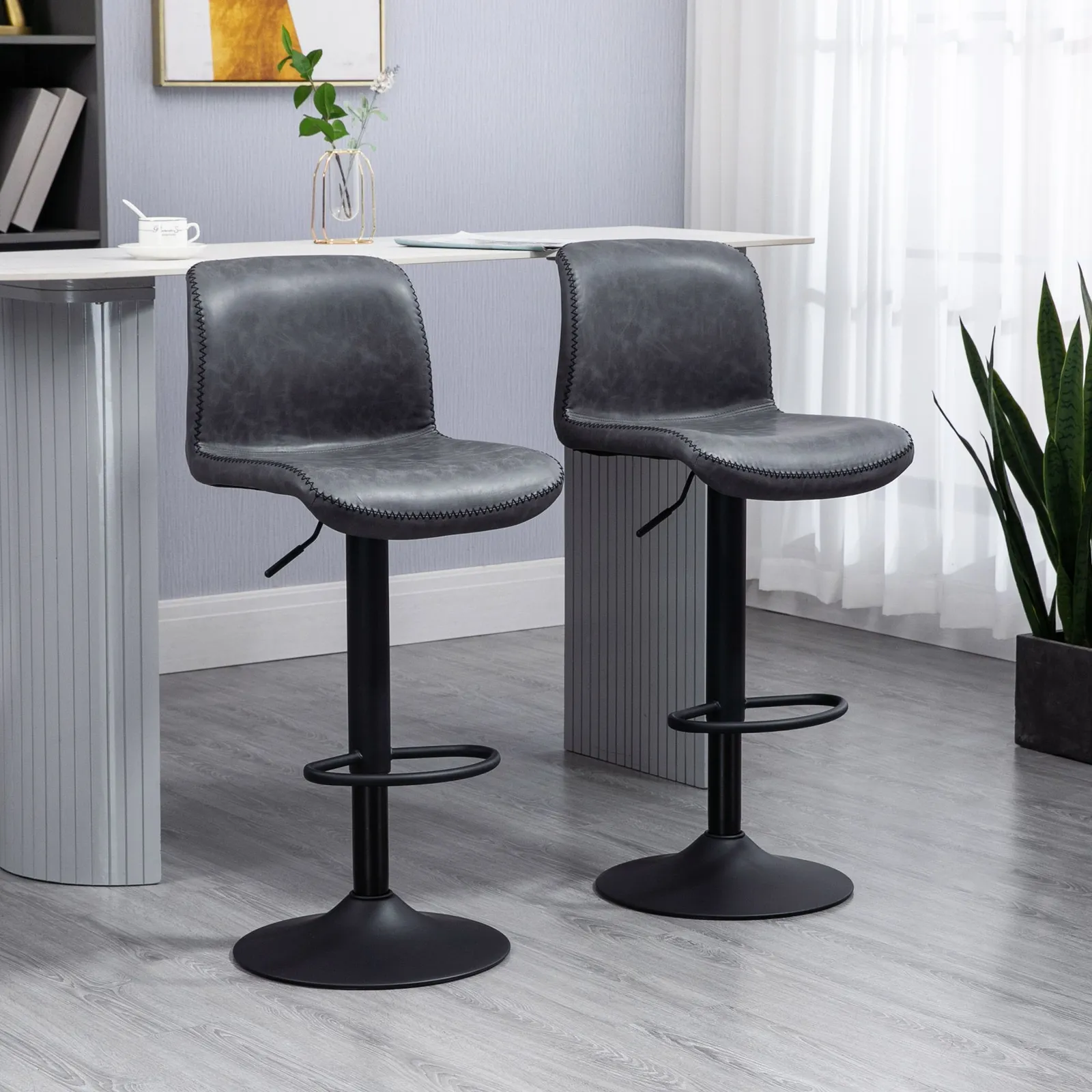 HOMCOM Barstools Set of 2 PU Leather Adjustable Height in Dark Grey
