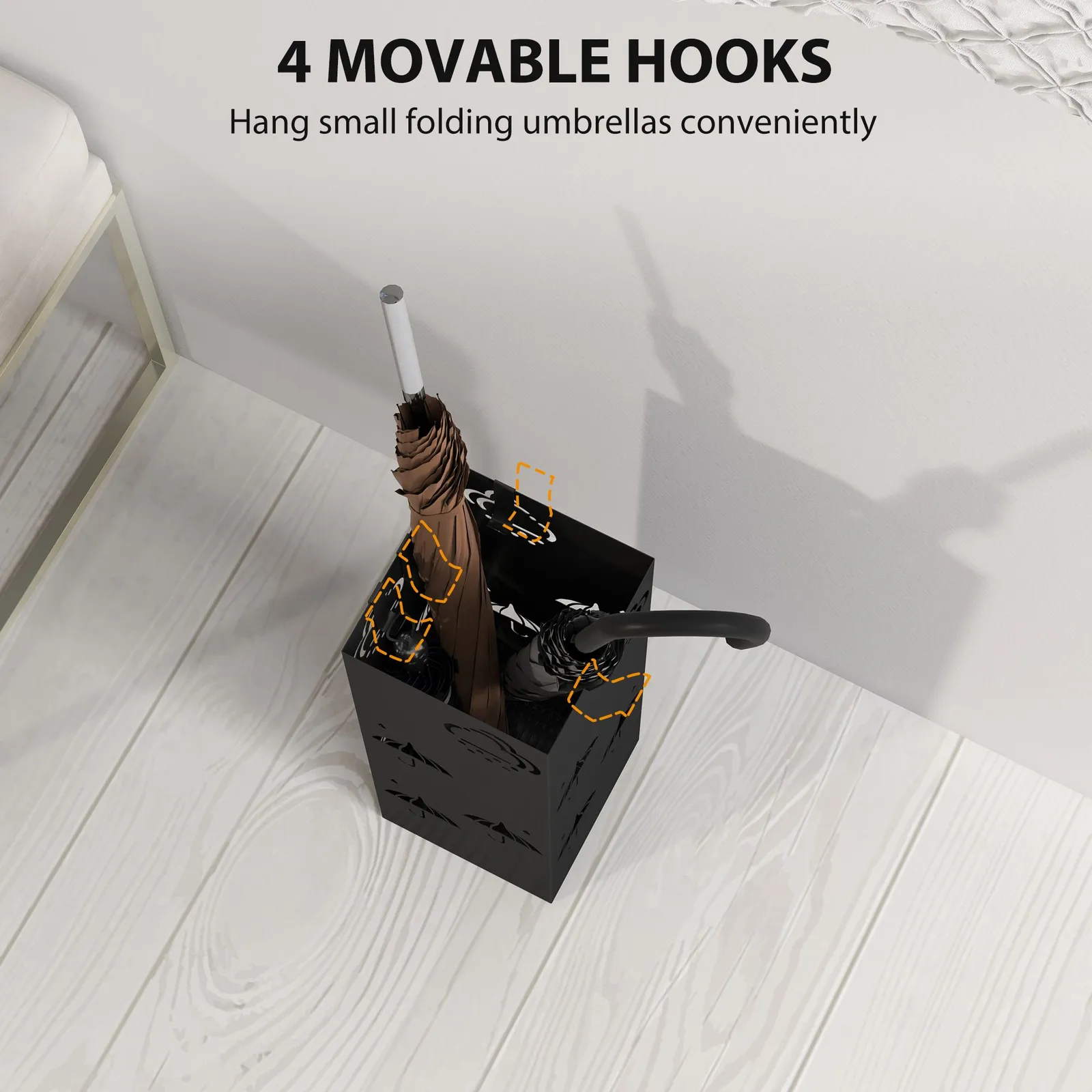 HOMCOM Decorative Umbrella Holder w/ Drip Tray 4 Hooks for Entryway Black 5