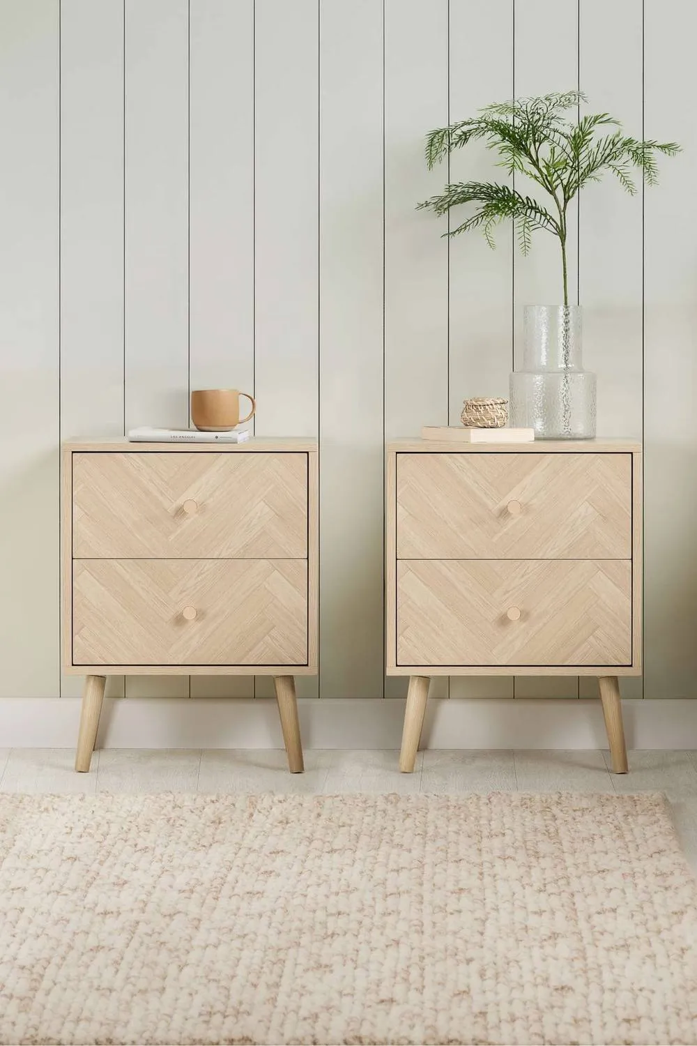 Birlea Pair of 2 Drawer Oak Bedside Cabinet Herringford Chevron in Natural
