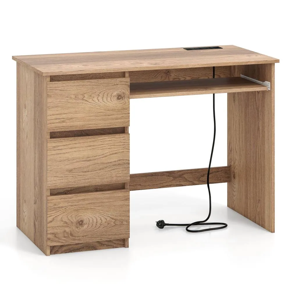 Costway Computer Desk Modern Office Desk w/Power Outlet & Keyboard Tray in Natural