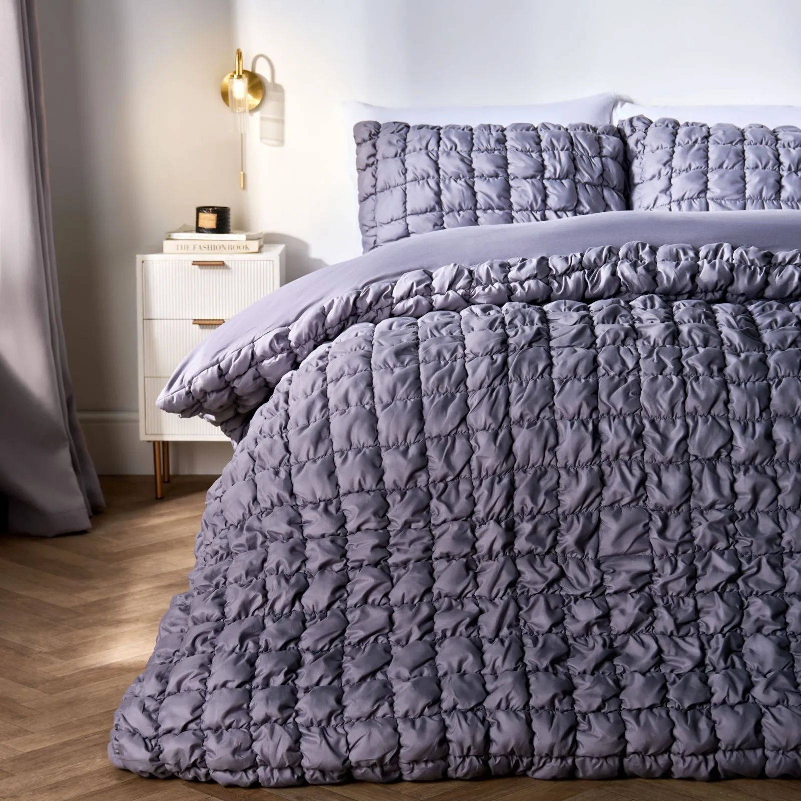 OHS Filled Seersucker Duvet Cover with Pillowcase Bedding Set in Grey