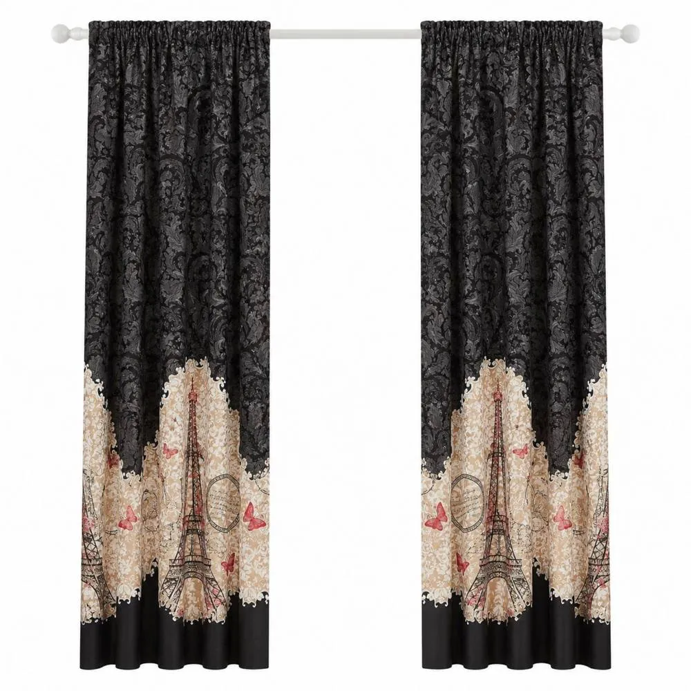 Smart Living Oooh La La Curtains Pair with Tie Backs - Eiffel Tower Print in Black 4