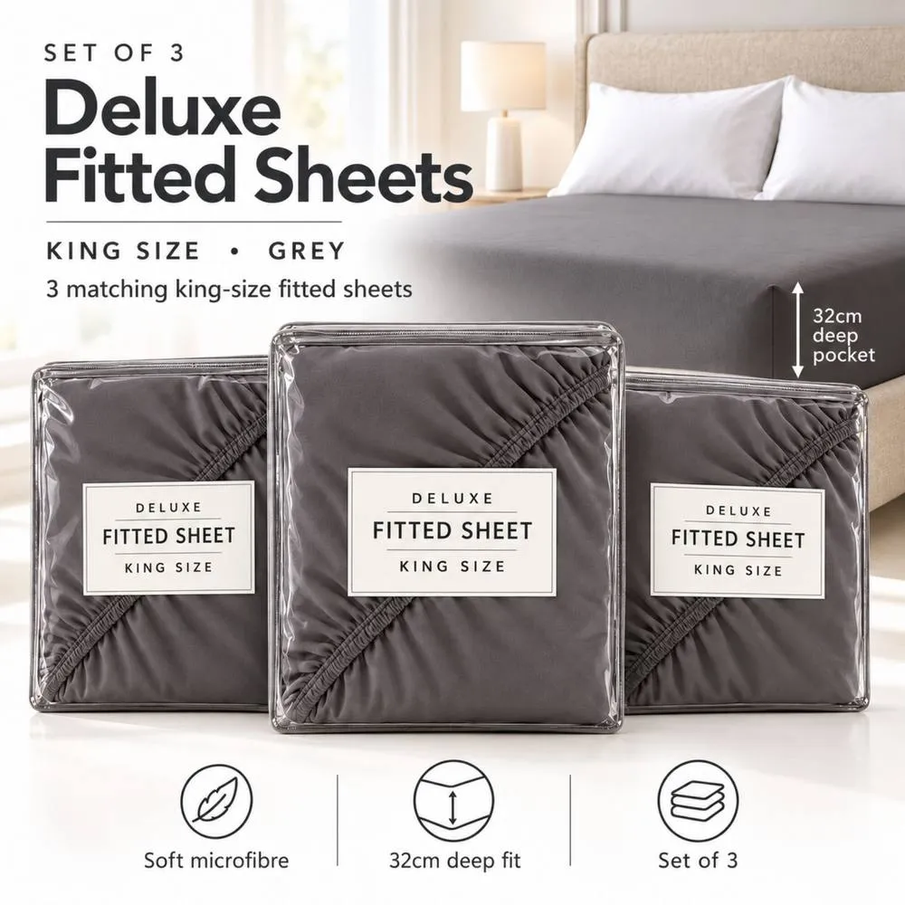 Smart Living 3 Pack Extra Deep Fitted Sheets 32cm Grey Polycotton Bedding