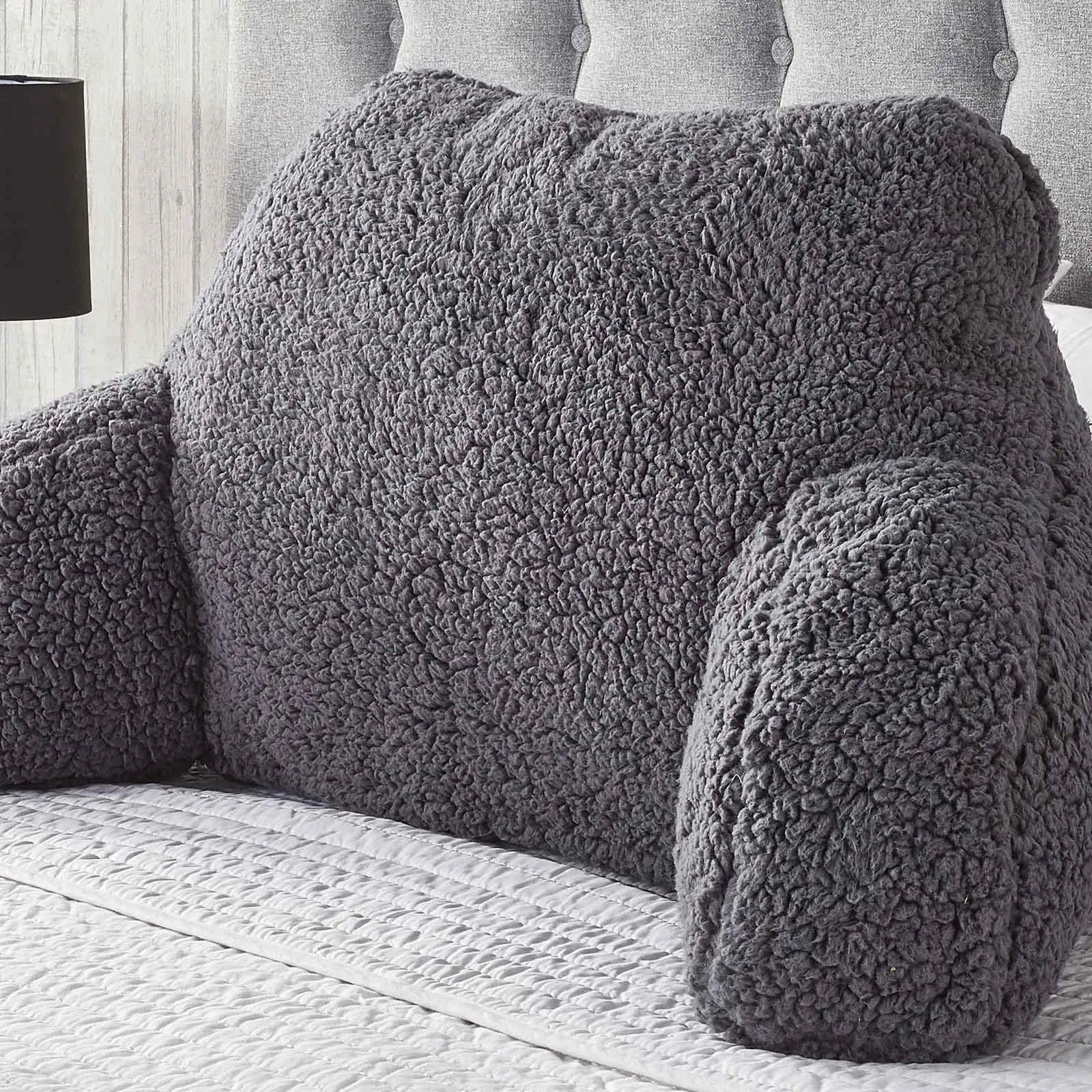OHS Teddy Fleece Bed Reading Cushion Pillow with Arms Lumbar Support in Charcoal