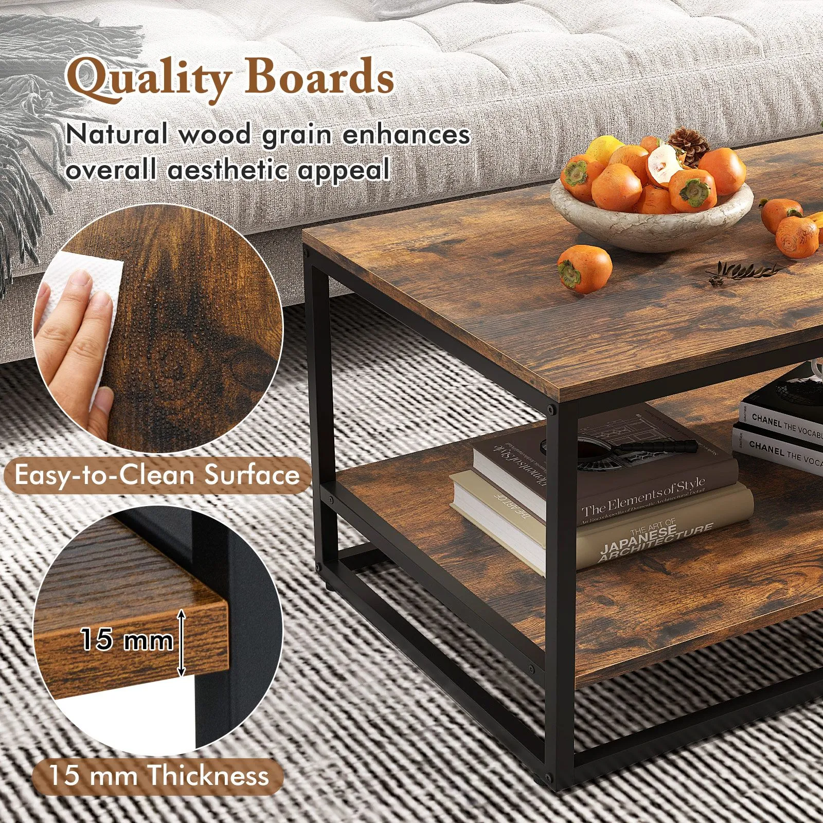 Costway 2-Tier Wooden Industrial Coffee Table 105cm Rectangle Center Table in Brown 5