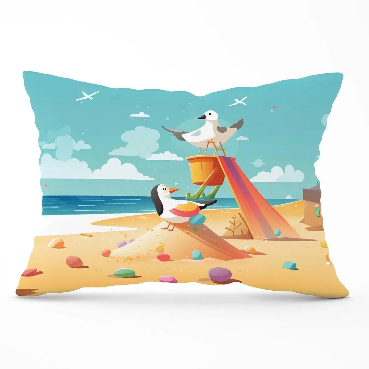 Warren Reed - Designer Seagulls On A Beach Holiday Cushions in Yellow