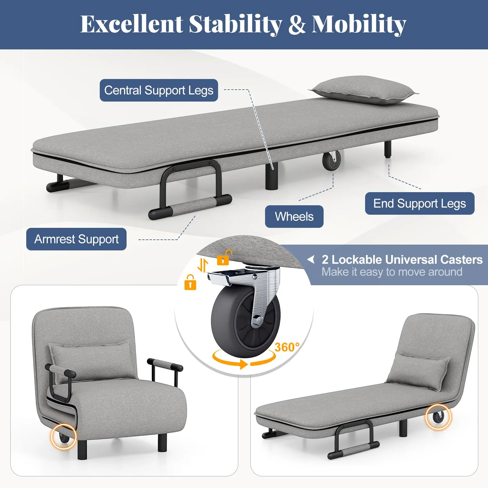 Costway 3-in-1 Convertible Sofa Bed Sleeper Chair w/Lumbar Pillow in Grey 5