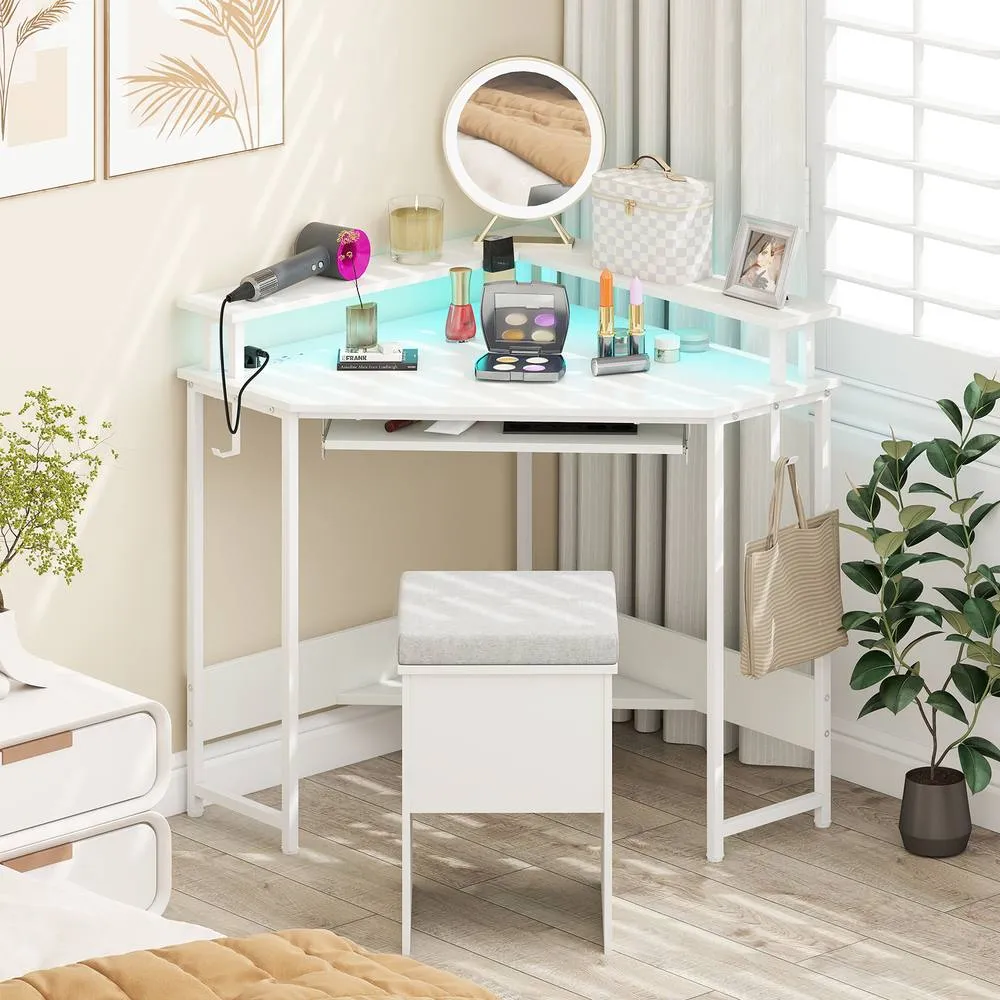 Costway Corner Desk Charging Station Home Triangle Gaming Desk LED in White 3
