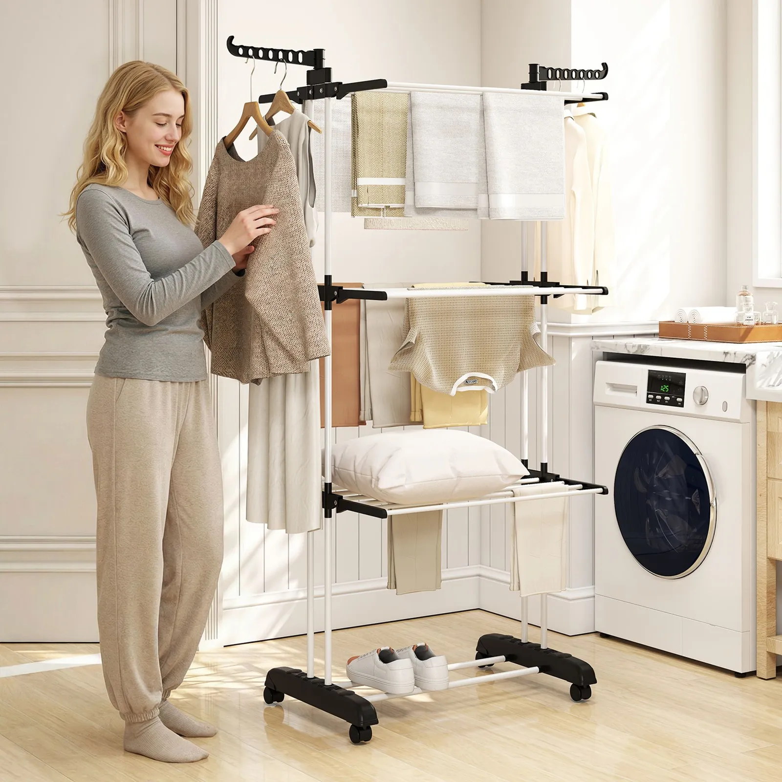 HOMCOM Foldable Clothes Drying Rack Steel Garment Dryer with Casters Black