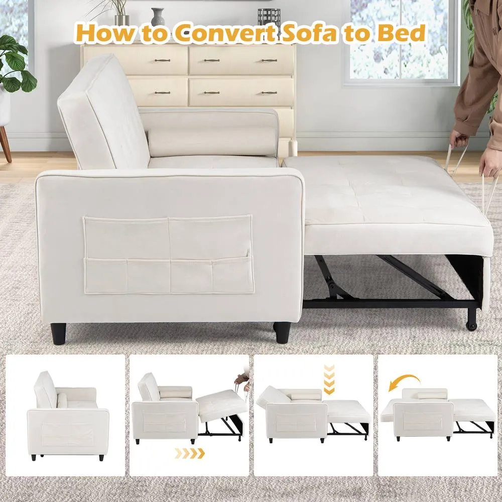 Costway 3-in-1 Convertible Sleeper Sofa Bed Pull Out Velvet Couch Bed-Beige in Beige 6