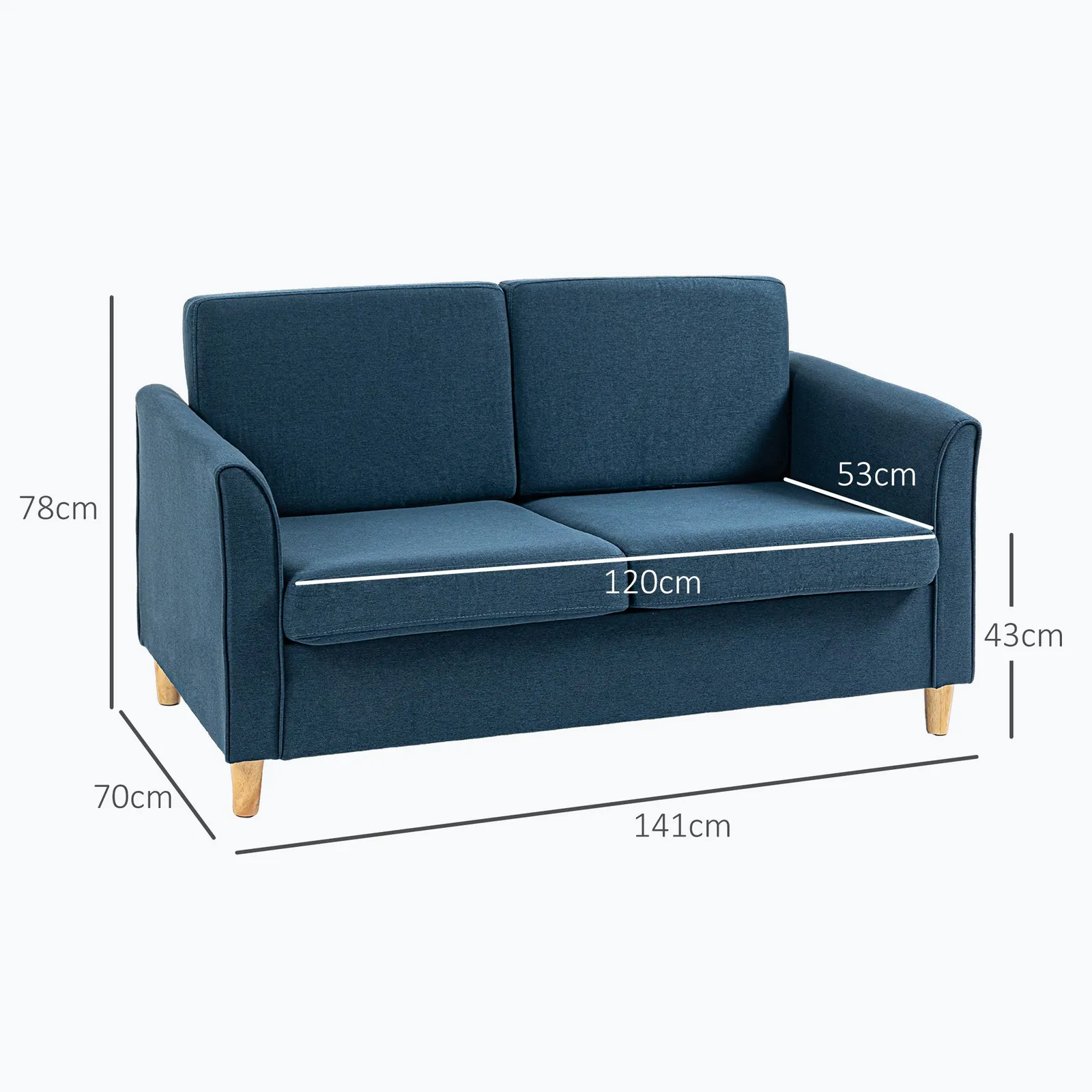 HOMCOM Double Seat Sofa Linen Upholstery Loveseat Couch w/ Armrests in Blue 3