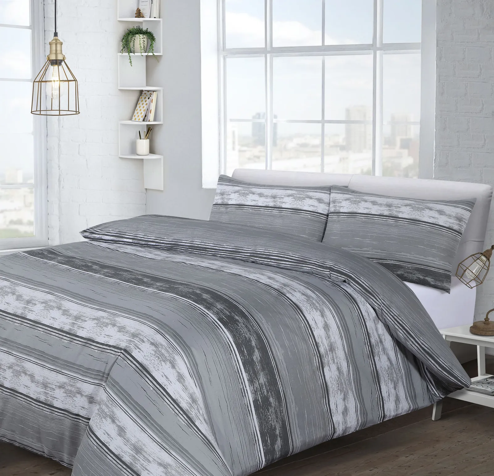 Velosso Brooklyn Stripe Cotton Rich Printed Duvet Cover & Pillowcase Set in Grey