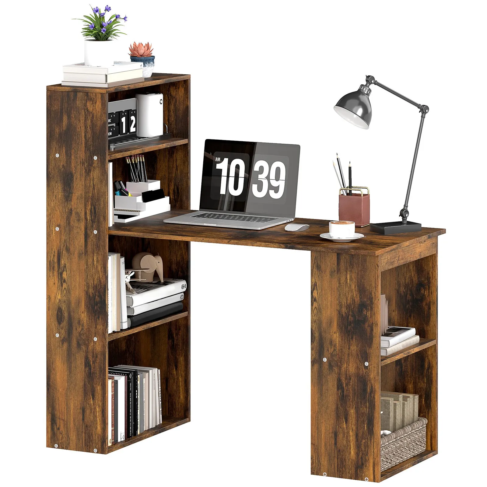HOMCOM 120cm Computer Desk Bookshelf Writing Table 6 Shelves Brown in Dark Brown 2