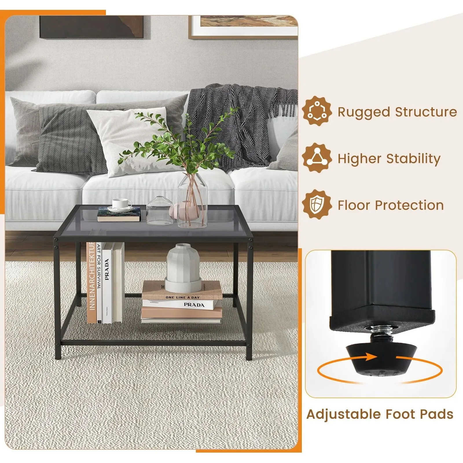 Costway Modern Glass Top Coffee Table Home Square Center Table Accent Sofa Side Table in Grey 5