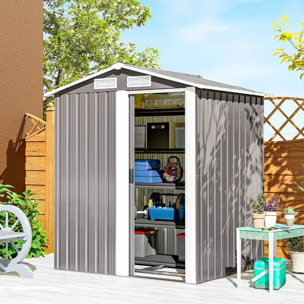OUTSUNNY 5ft x 4.3ft Outdoor Metal Storage Shed with Sliding Door Sloped Roof in Grey