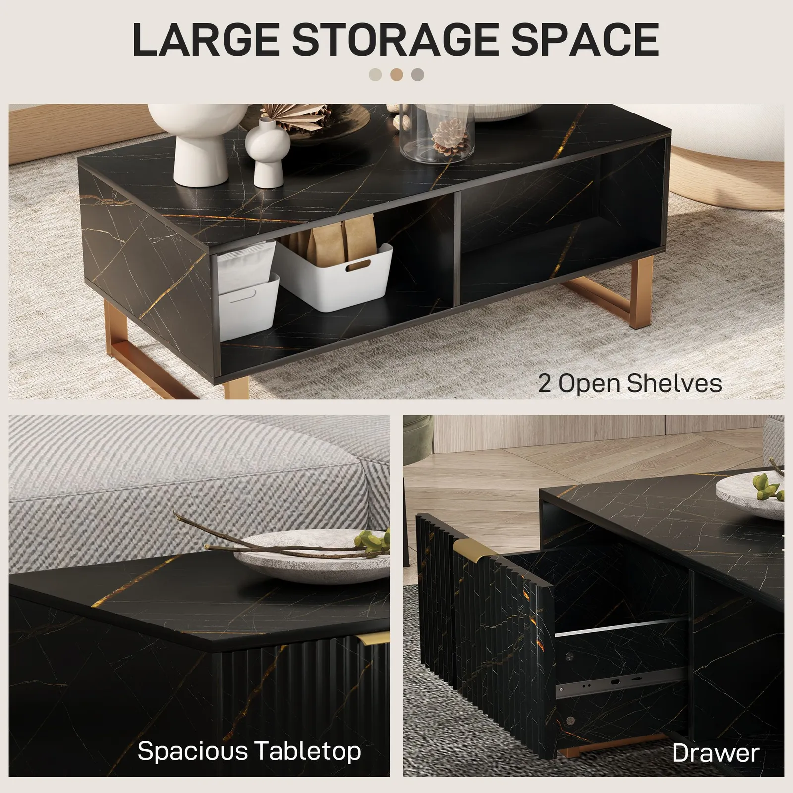 HOMCOM Coffee Table, Living Room Table with Drawer & Open Shelves in Black 5