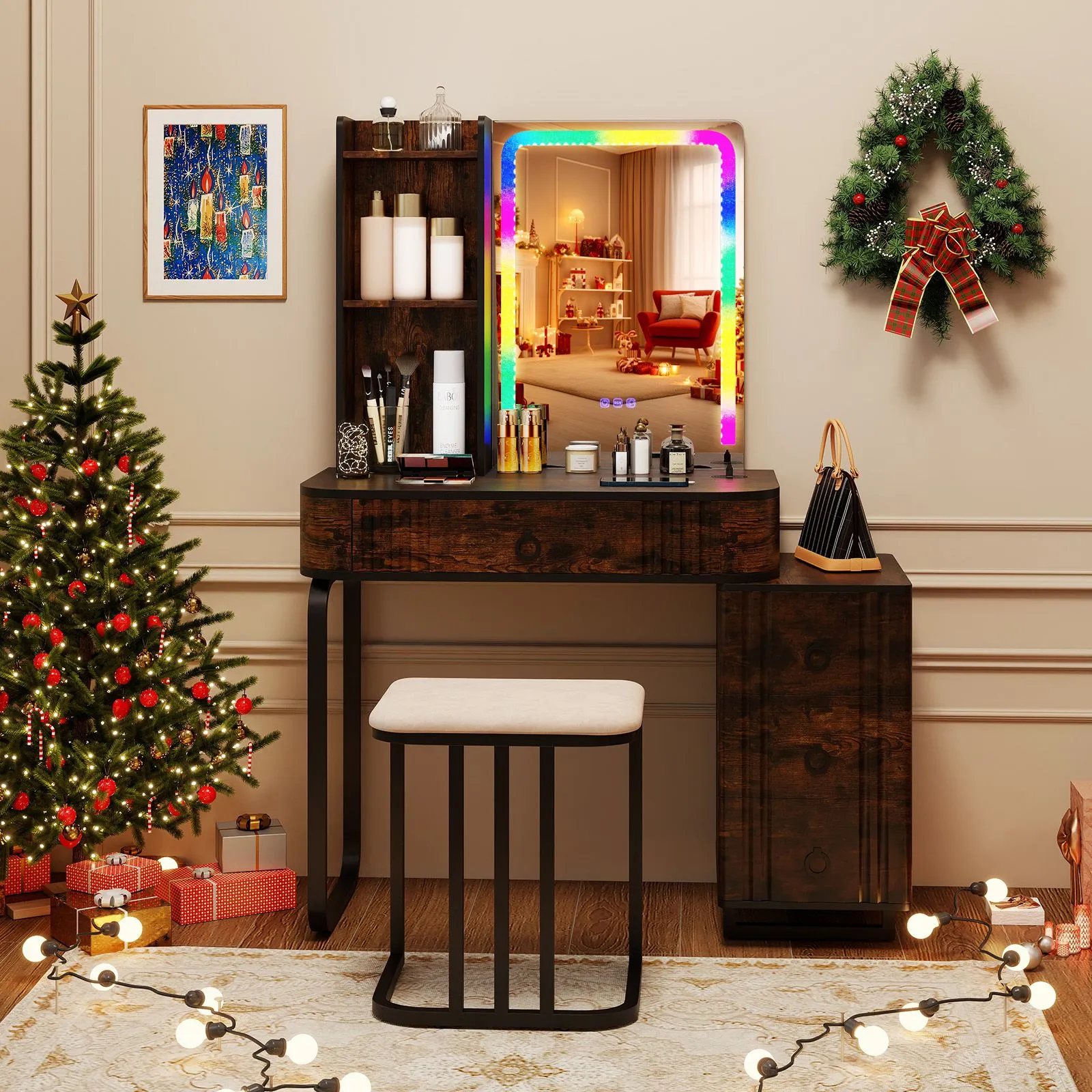 Costway RGB Vanity Table Set Bedroom Dressing Table w/ Mirror & Lights in Brown 3