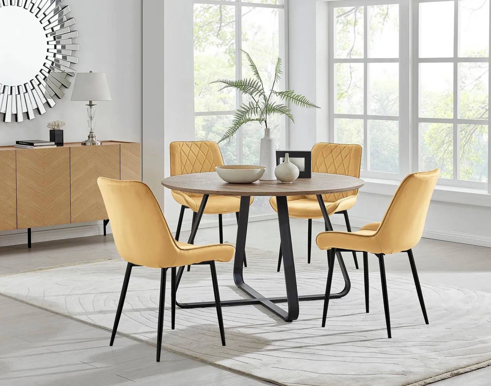 FurnitureboxUK Santorini Brown Round Dining Table & 4 Pesaro Black Leg Chairs in Mustard 1