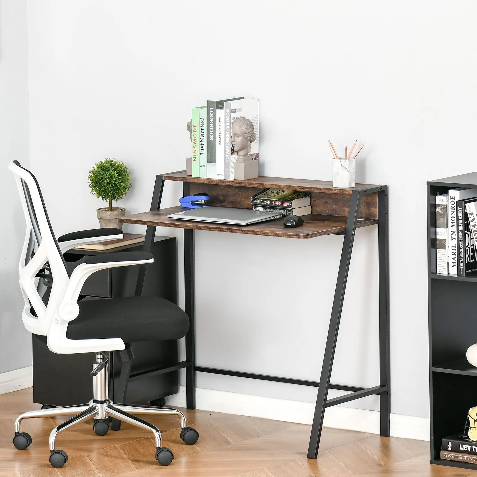 HOMCOM 2-Tier Storage Computer Workstation Metal Frame Rustic Brown 100cm