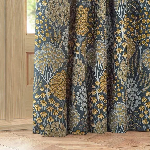 Ophelia Blue Saffron Pencil Pleat Curtains 5