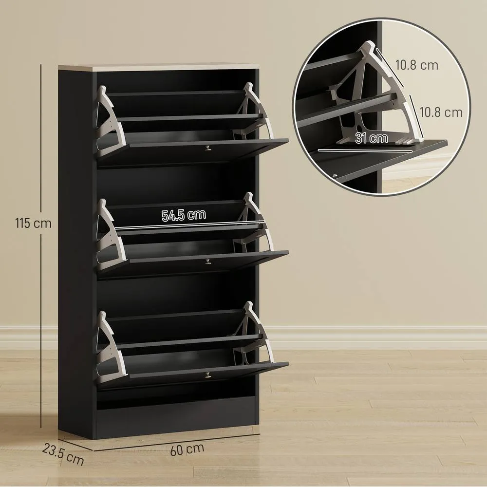 HOMCOM Narrow Shoe Cabinet w/ 3 Flip Drawers for 12-18 Pairs of Shoes Black 3