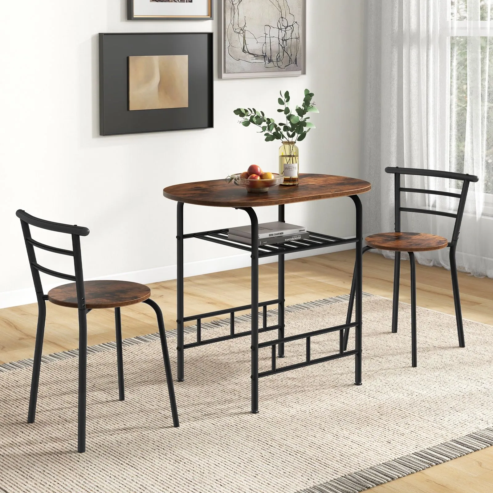 Costway 3-Piece Dining Table Set Kitchen Breakfast Nooks Table & Chairs in Brown