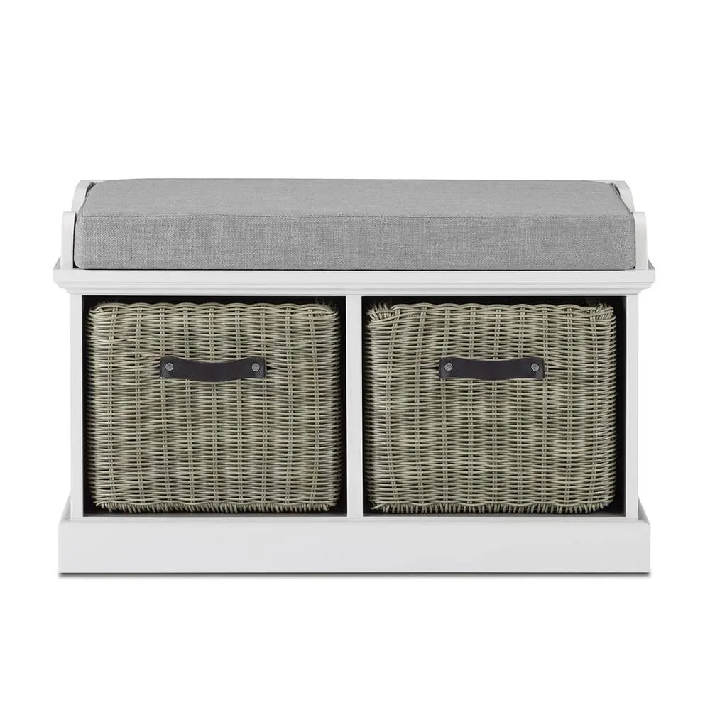 Statement Furniture Tetbury Bench with 2 Grey Faux Rattan Baskets & Grey Cushion in White 5