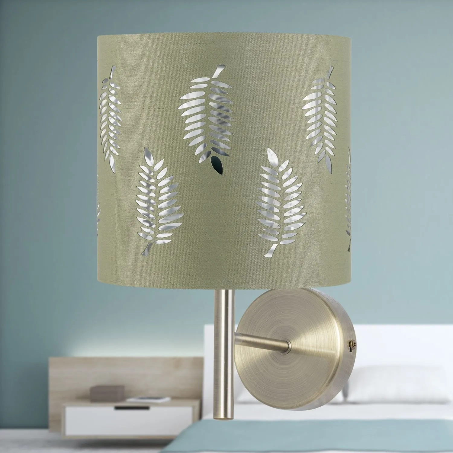 First Choice Lighting Brea - Antique Brass Wall Light with Sage Green Fern Shade in Gold 3
